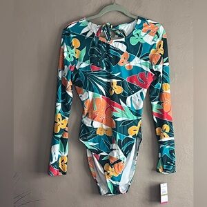 Vince Camuto Teal Multicolor Tropical One-Piece